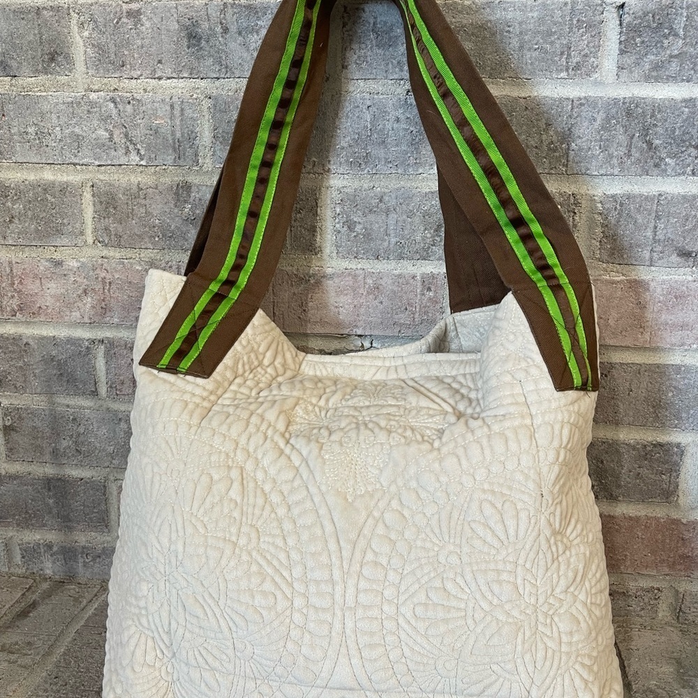 Cream Textured Tote Bag with Striped Straps